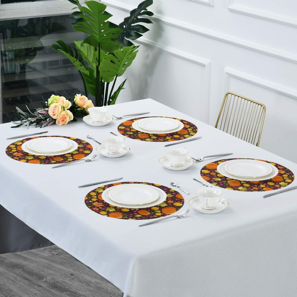 Qilmy Juego de 4 manteles individuales redondos de poliéster antideslizantes y lavables de cosecha de otoño, para decoración de mesa de cocina,