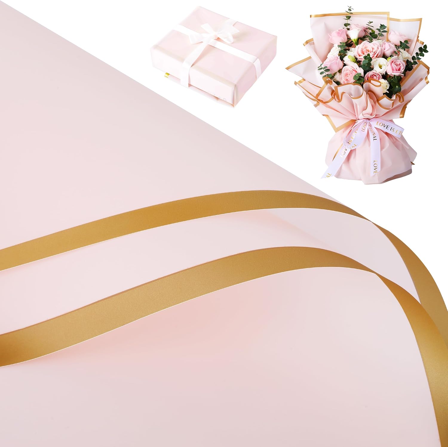 Ramo de papel de regalo de flores rosas con diseño de borde dorado, estilo de papel coreano, papel de regalo de ramo impermeable, papel de regalo,
