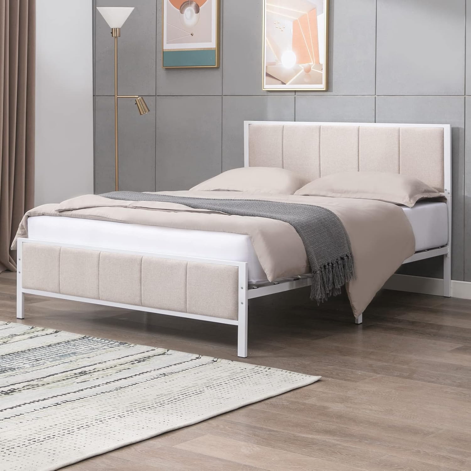 BALUS Base de cama tamaño King, plataforma tapizada de lino, marco de cama con cabecera copetuda de canal, no necesita somier, color beige