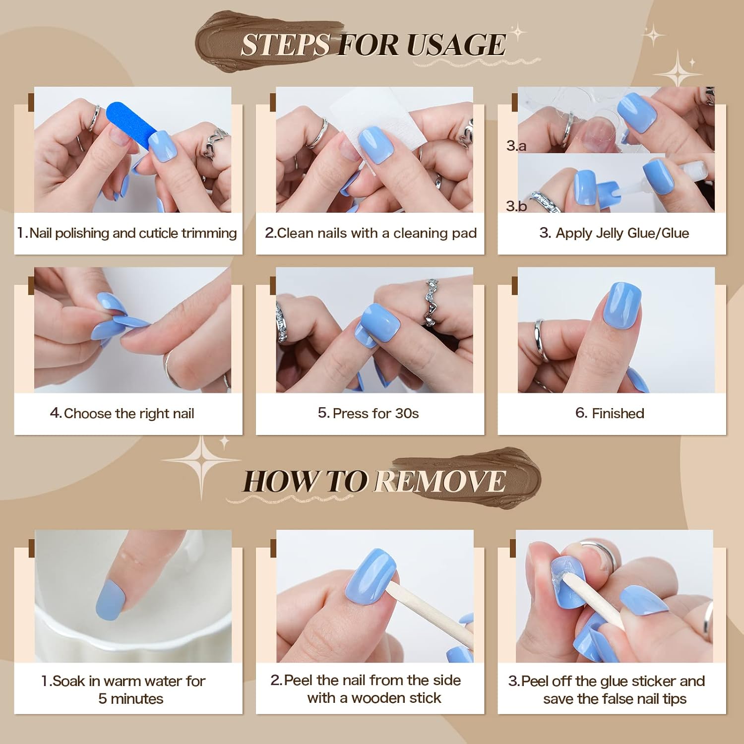 Jofay Fashion – Uñas postizas cuadradas de color marrón café a presión, uñas postizas de color sólido con pegamento, uñas postizas acrílicas cómodas