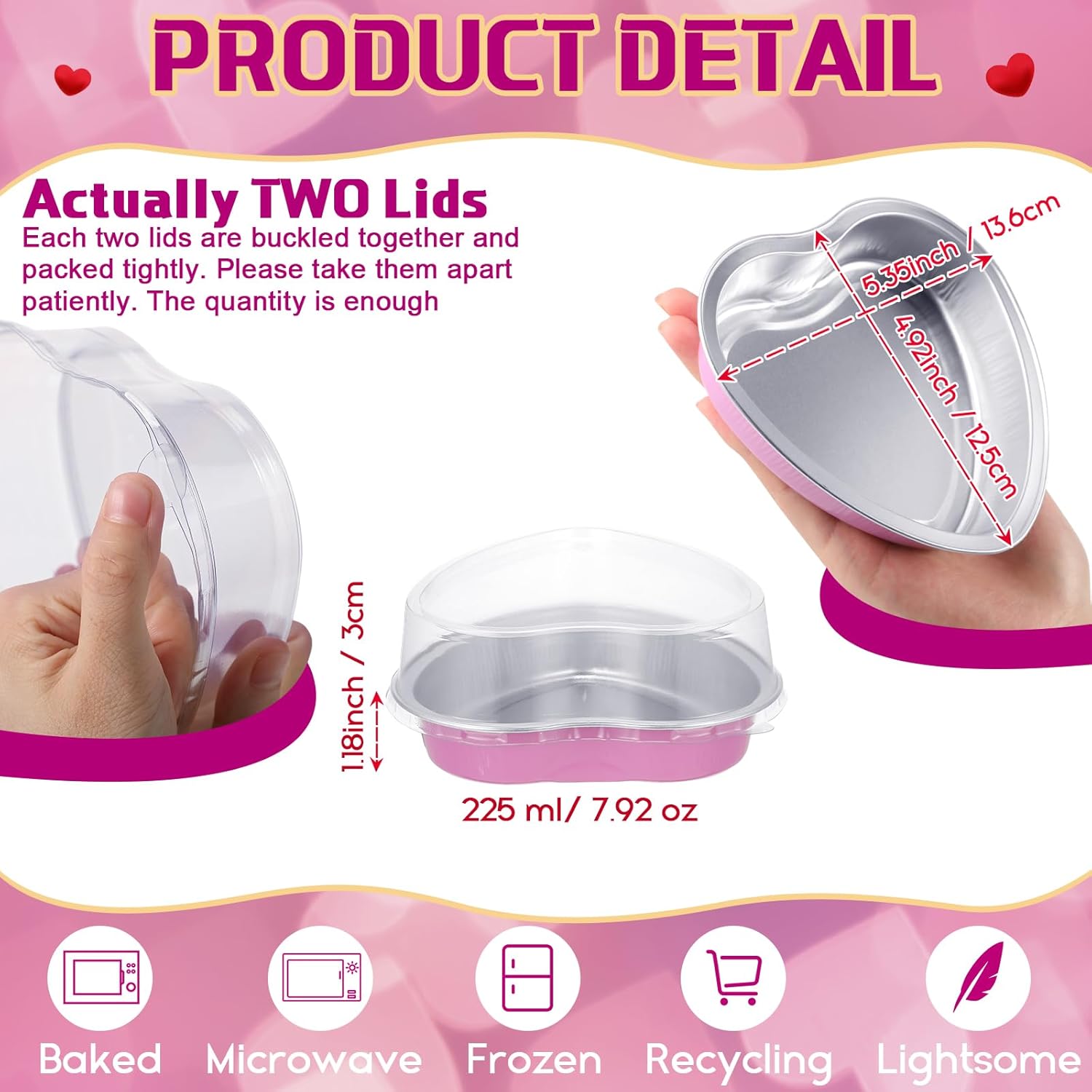 Fainne 12 juegos de moldes de papel de aluminio de 5 pulgadas en forma de corazón con tapas transparentes de 7.6 fl oz7.92 onzas líquidas  7.92