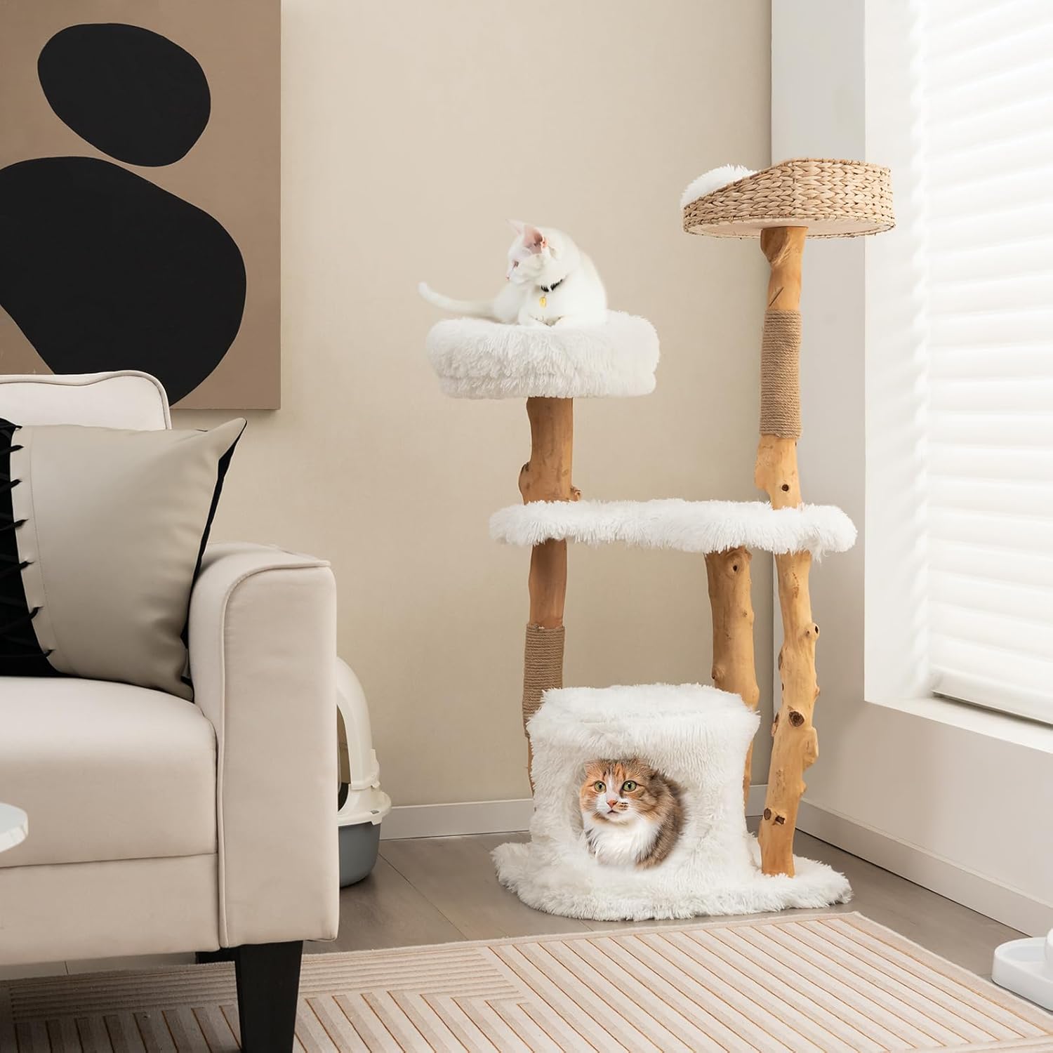 Tangkula Árbol para gatos de interior, torre moderna de madera maciza para gatos con cesta de cola superior, cama para gatos, perca lateral,