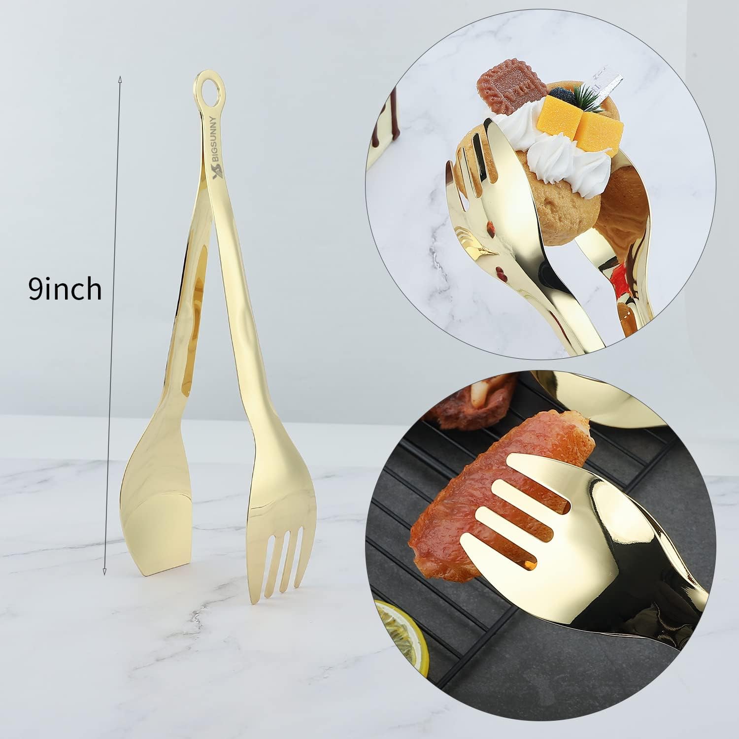MSY BIGSUNNY Pinzas de cocina – Pinzas de acero inoxidable para servir alimentos, juego de 2 (dorado, 9 pulgadas)