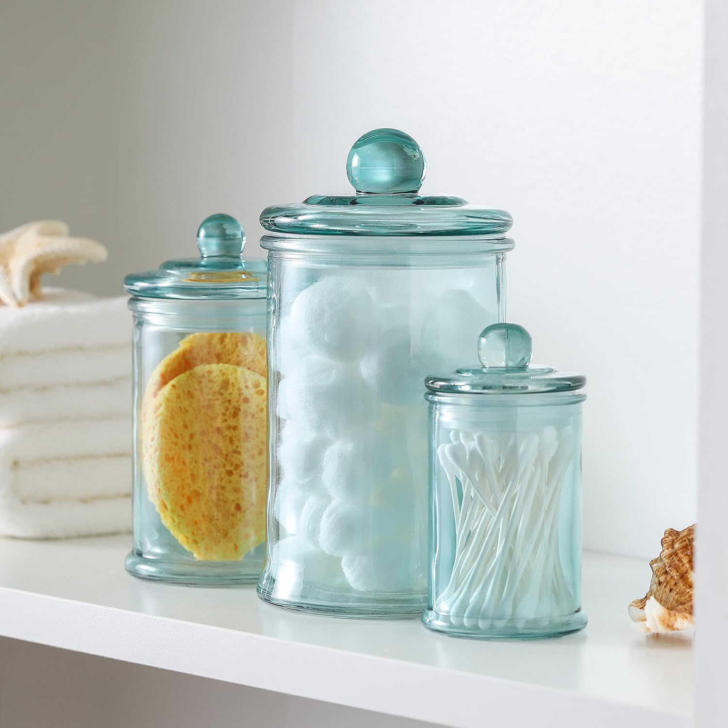 Tarro de boticario de vidrio  Recipiente organizador de almacenamiento de baño (juego de 3, azul)
