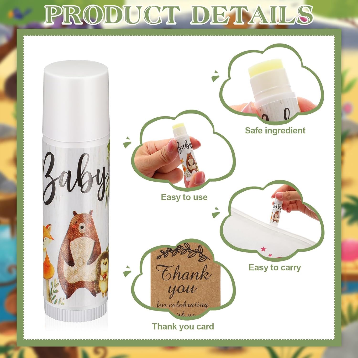 Fumete Paquete de 50 bálsamos labiales a granel de animales del bosque, regalos de fiesta de baby shower, regalos para invitados, niños y niñas,
