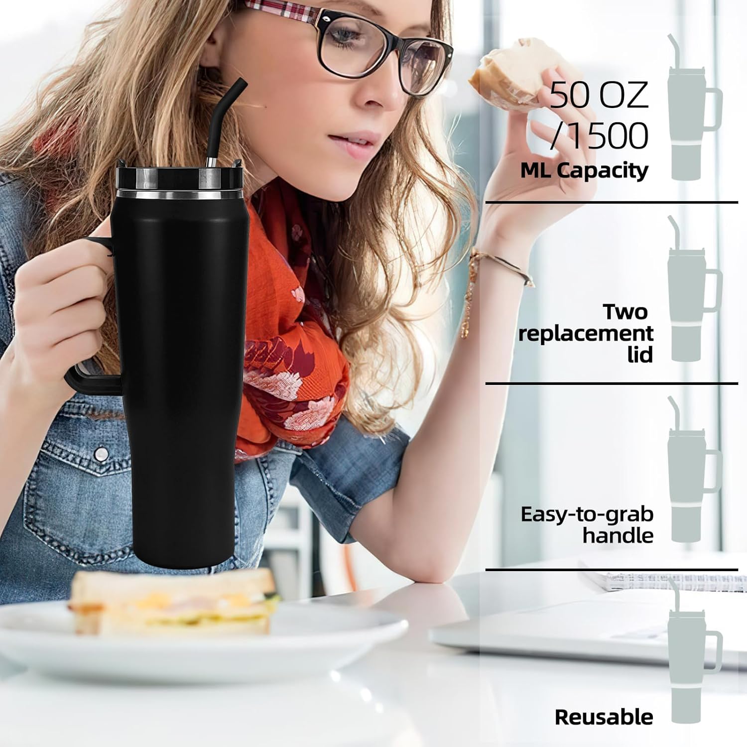 Vaso con asa y pajita, acero inoxidable de 50 onzas, doble pared aislada al vacío, taza de viaje con tapa de dos tornillos y posavasos de silicona,