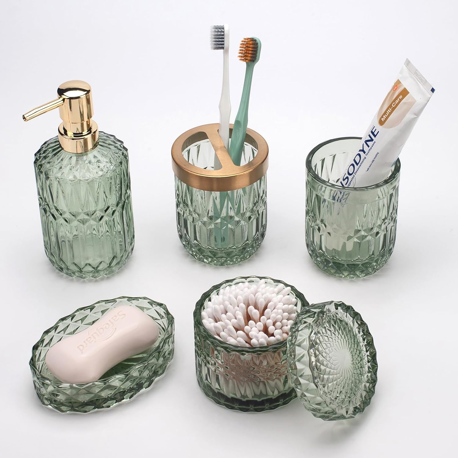 Juego de 5 accesorios de baño de vidrio verde para baño, dispensador de loción, jabonera, soporte para cepillos de dientes, vaso, frascos de hisopos