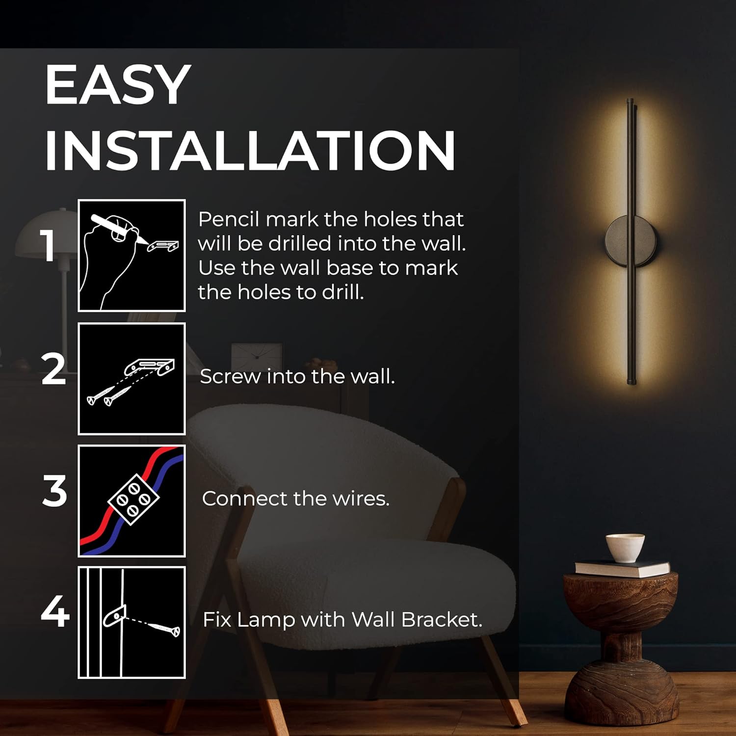 Moderno aplique de pared, elegante lámpara LED de montaje en pared para baño, dormitorio, sala de estar y oficina en casa, cableado duro con