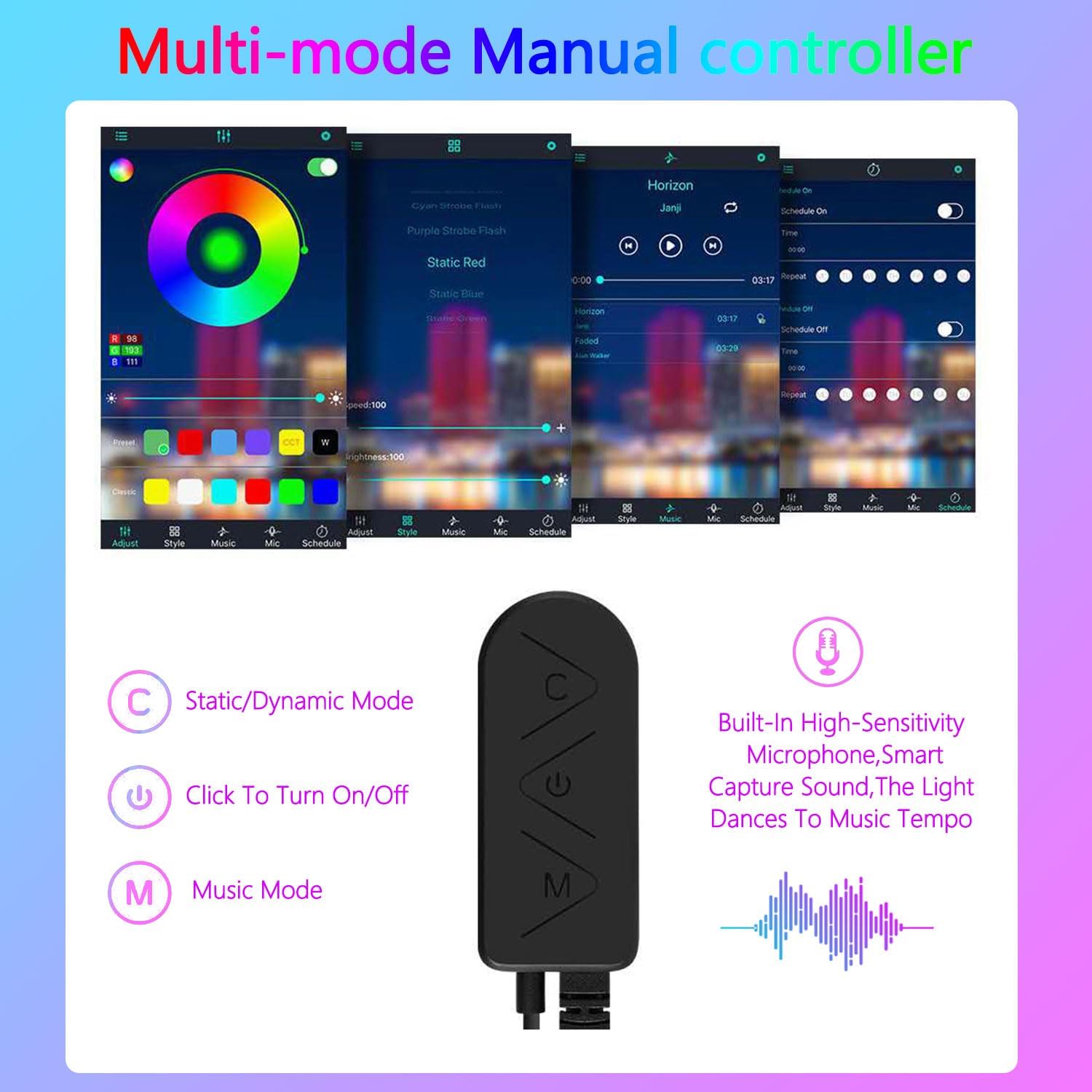 Nueva actualizaciónTira de luces LED para interior de automóvil, aplicación de luz LED RGB para interior de automóvil y control remoto, modo de