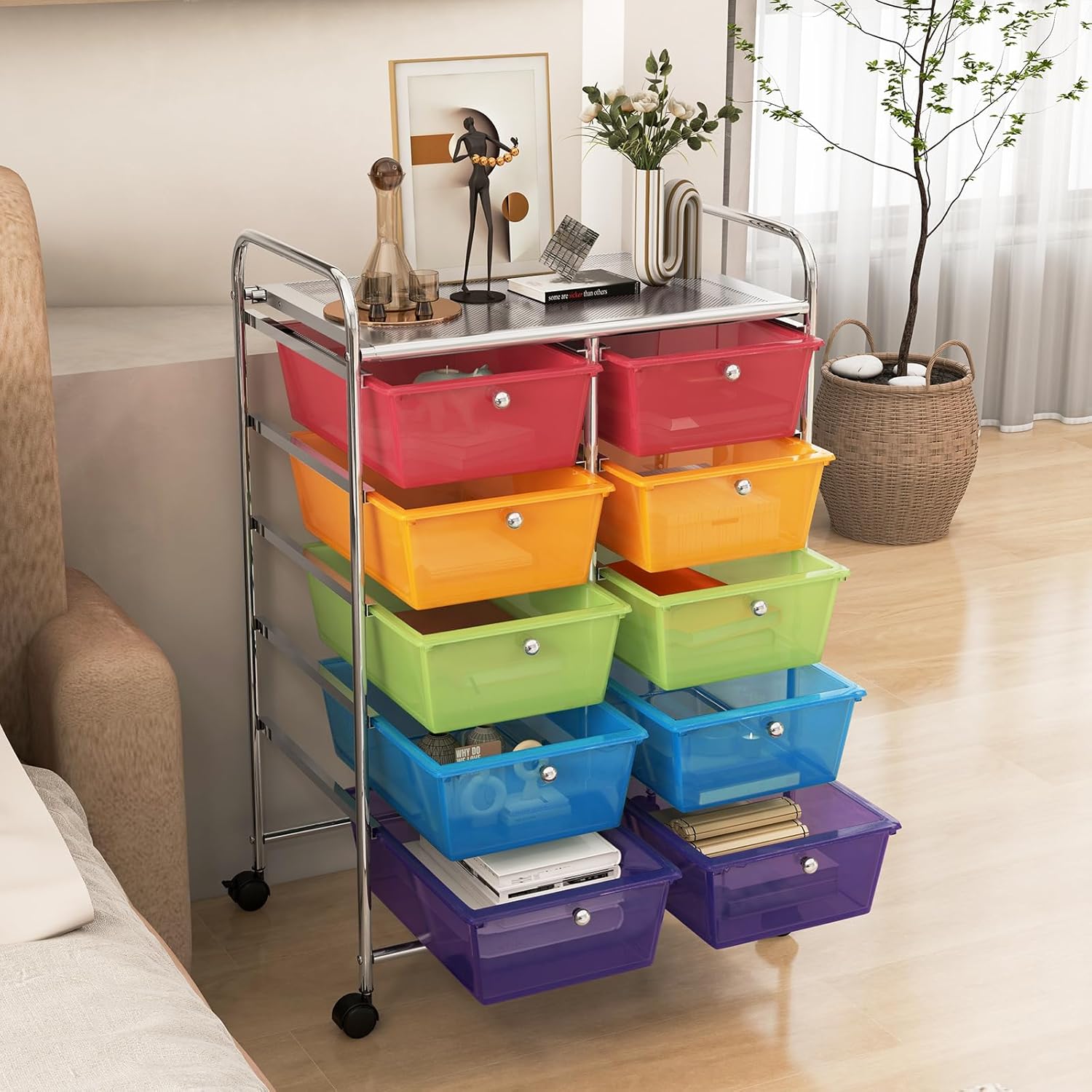 RELAX4LIFE Carrito de almacenamiento rodante con 10 cajones, carrito de almacenamiento para manualidades con ruedas bloqueables, carrito utilitario,
