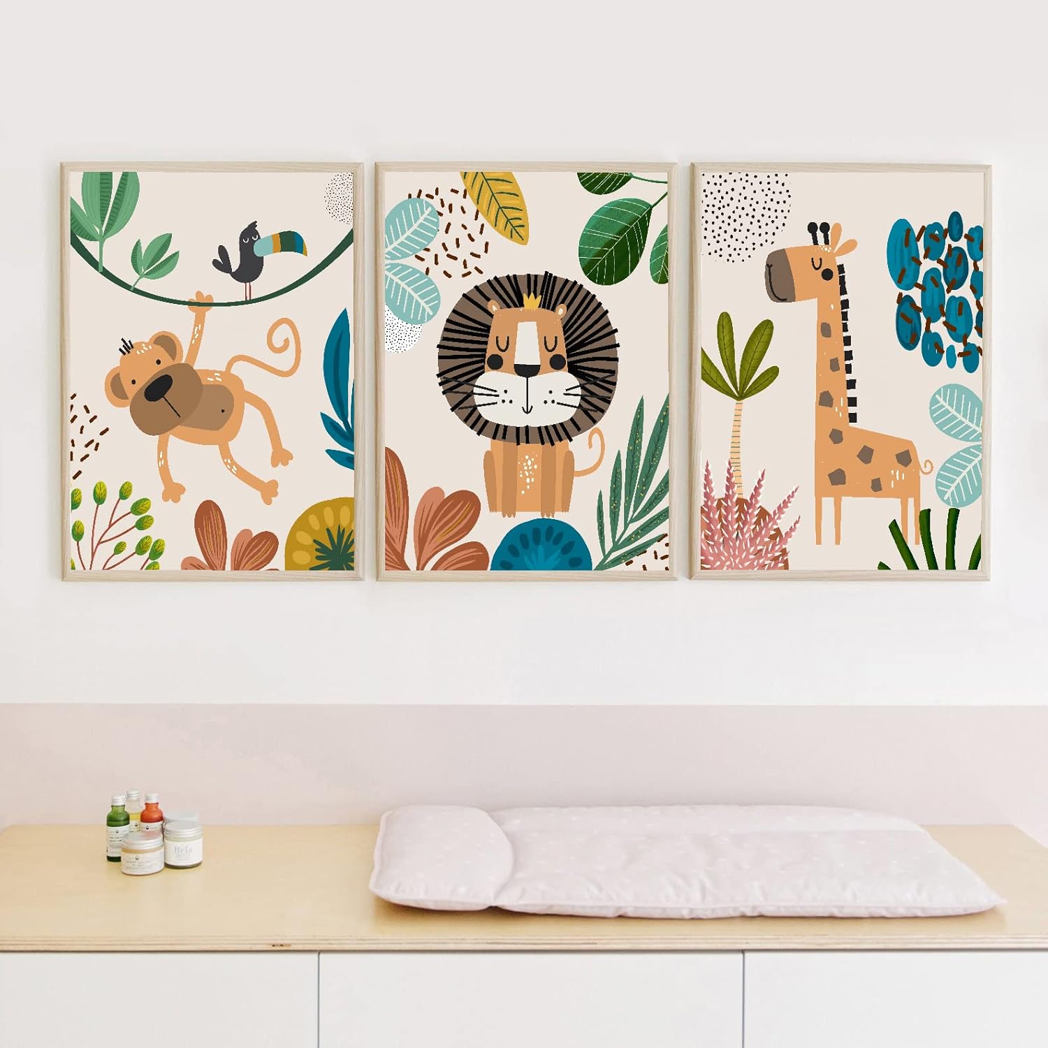 Juego de 3 decoración de pared para guardería, lindos animales, león, mono, jirafa, arte de pared, minimalista, bohemio, póster de safari de selva