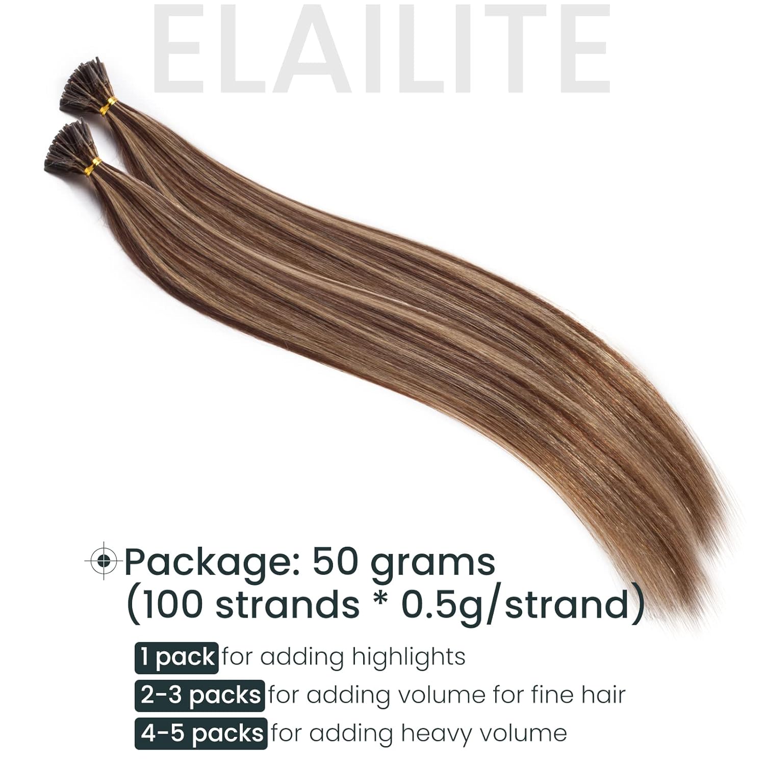 Elailite I Tip – Extensiones de cabello humano V3.0 Itip con queratina en barra unida, cabello real, sedoso, lacio, natural, #4, mezcla de marrón