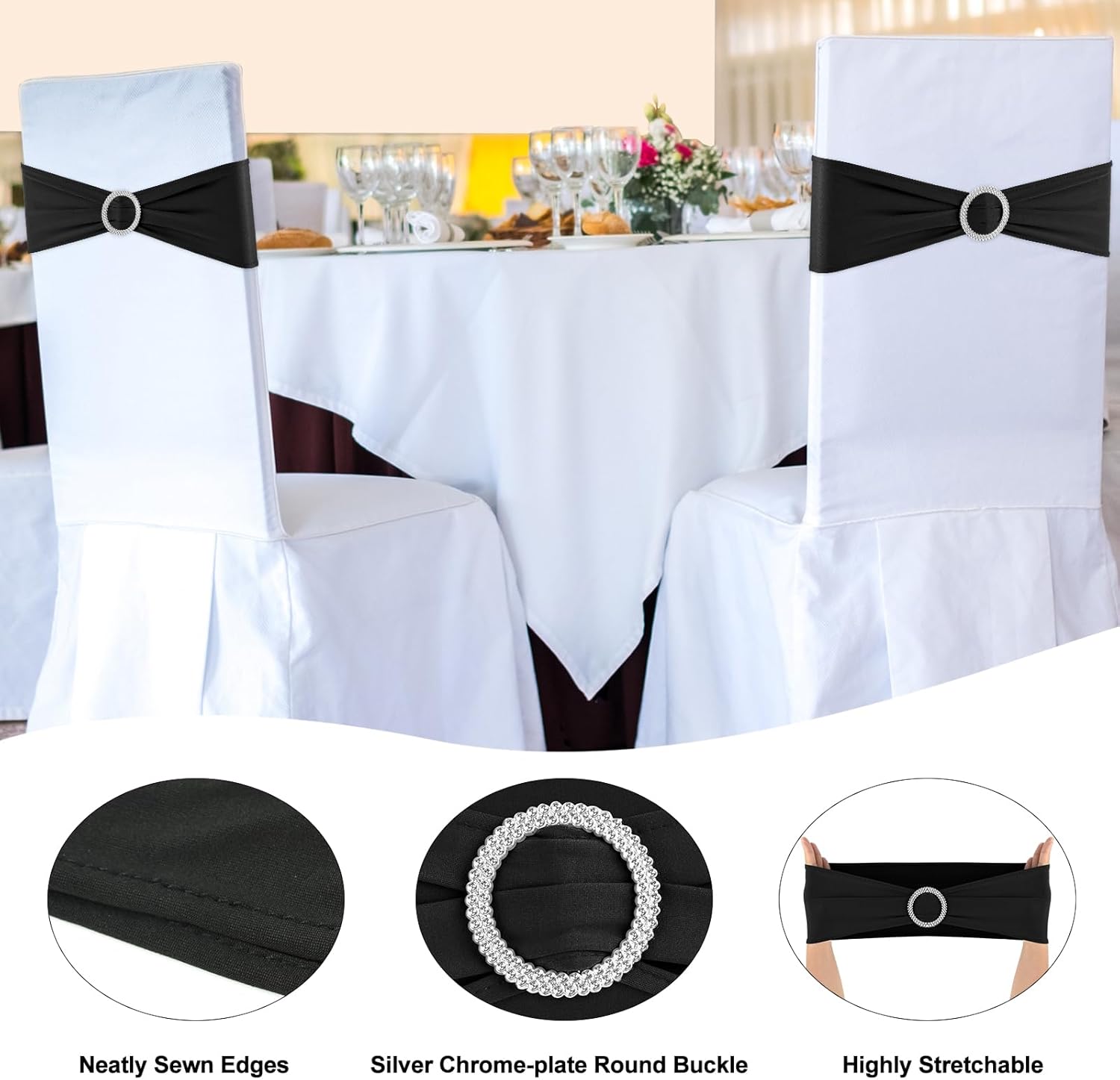 Bandas negras para silla, paquete de 25 bandas elásticas de elastano con hebillas para sillas plegables, bodas, fiestas, recepciones, baby shower,