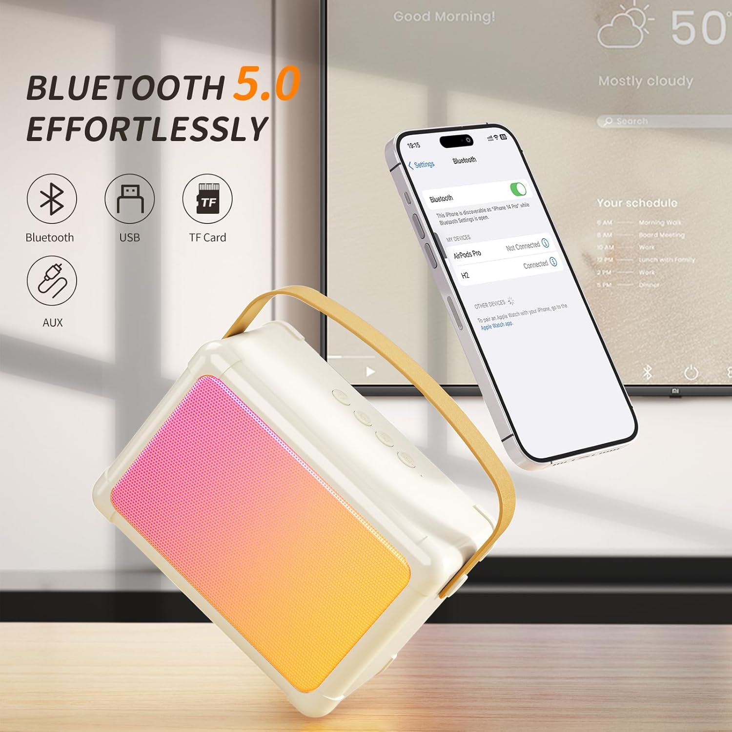 SUDOTACK Mini máquina de karaoke para niños, altavoz portátil de karaoke Bluetooth con 2 micrófonos sin conexión y luces LED para fiesta en casa,