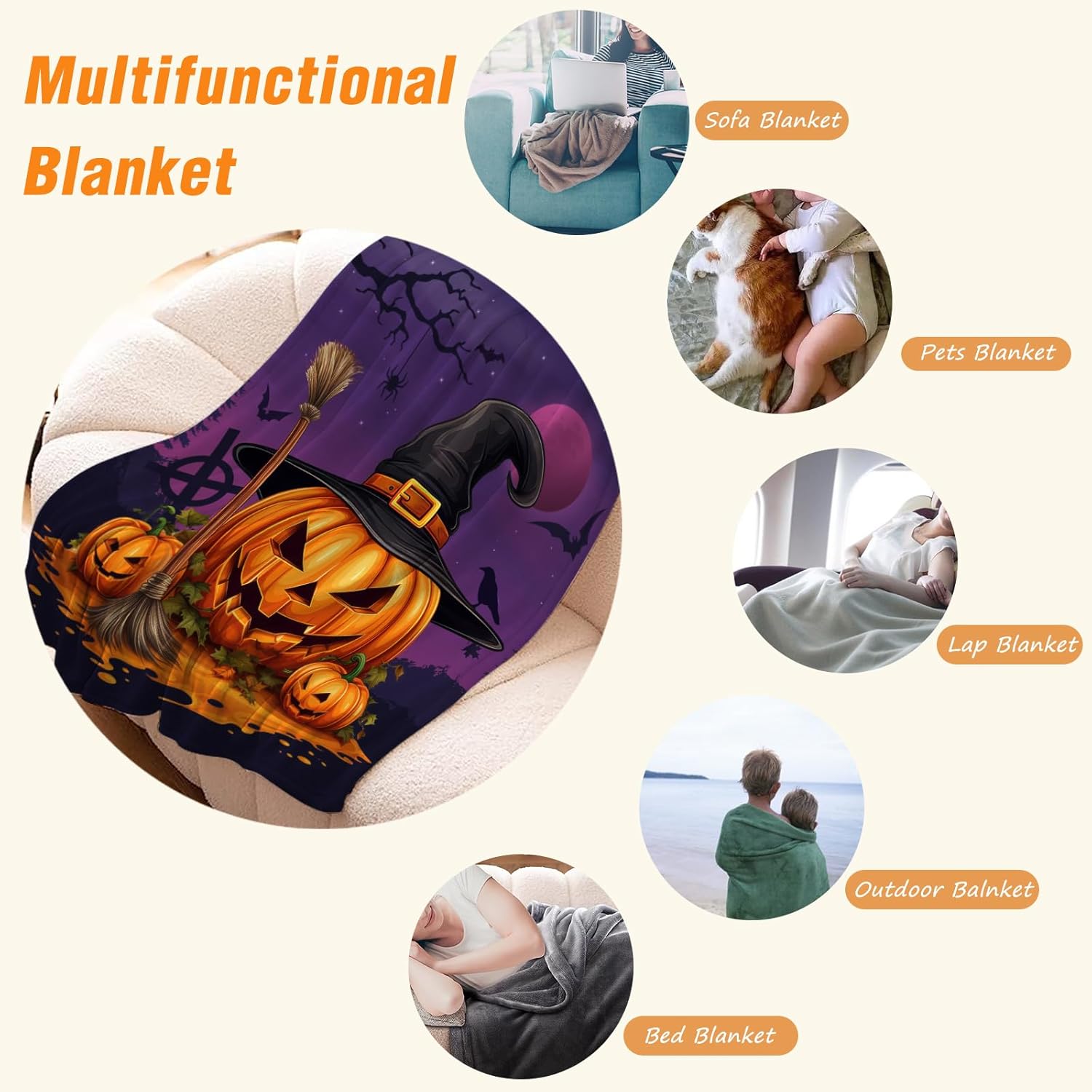 YeeJu Manta de Halloween tamaño individual, manta de bruja morada con calabaza para sofá, cama, sala de estar, al aire libre, acogedora, suave,