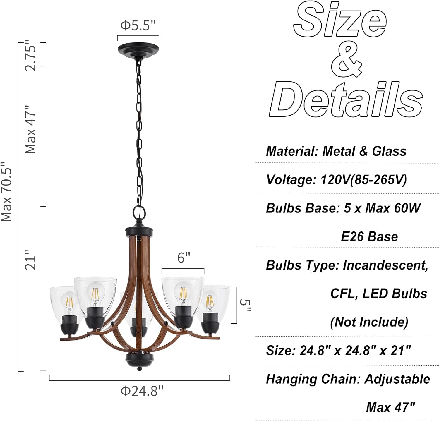 Lámpara de araña de madera con vidrio, estilo vintage, estilo granja, 5 luces, rústico, de 24.8 pulgadas, con acabado de madera, lámpara de cristal