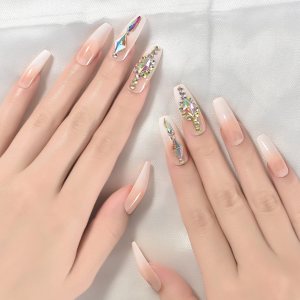 EchiQ – Uñas de lujo personalizadas con piedras grandes decoradas para uñas de lujo en forma de ataúd de color degradado, uñas naturales con EchiQ – Uñas de lujo personalizadas con piedras grandes decoradas para uñas de lujo en forma de ataúd de color degradado, uñas naturales con