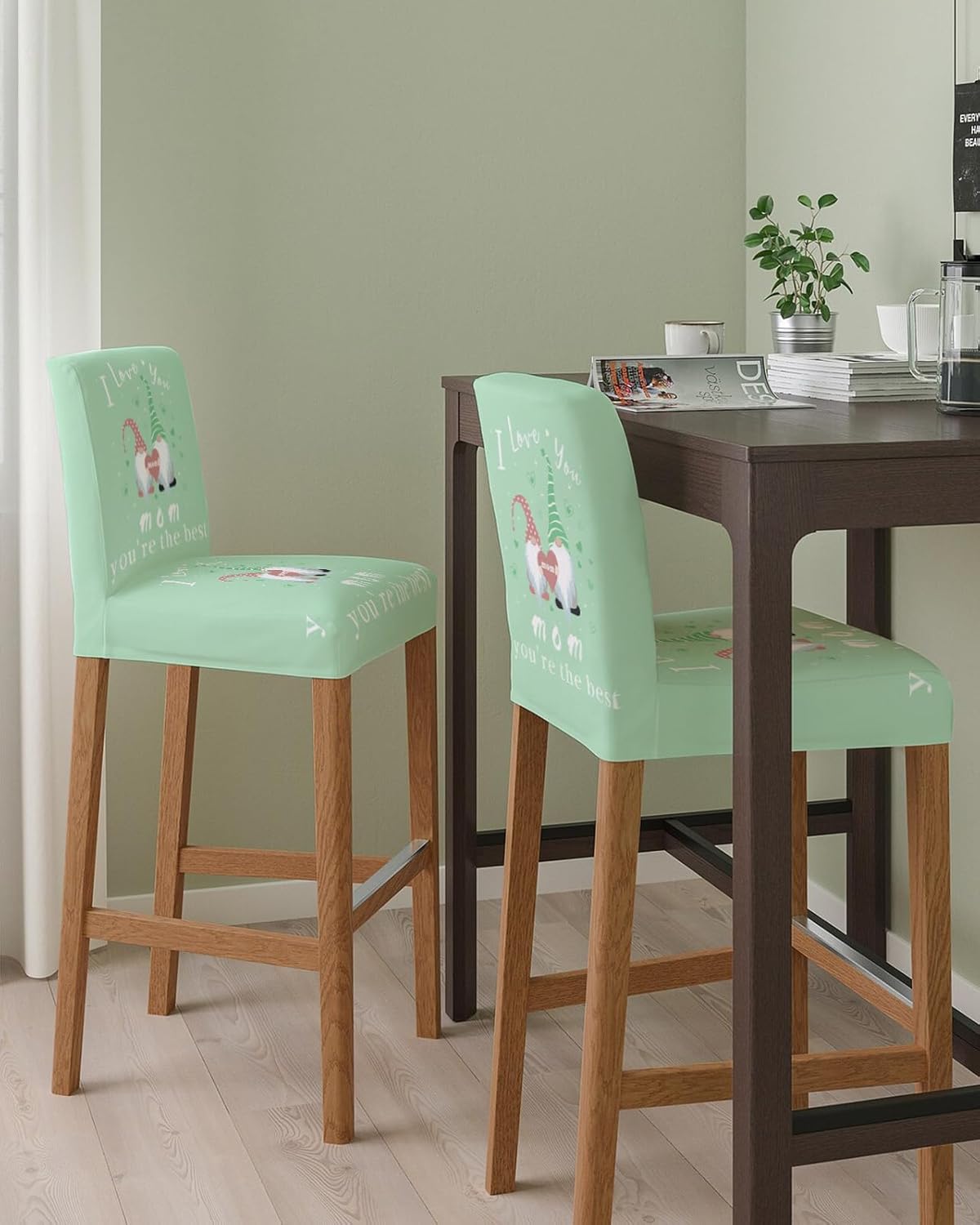 TweetyBed Bar Stool Covers I Love You Mom Stretch Removable Bar Chair Cover Gnome Green Backdrop Counter Slipcovers for Kitchen Pub Dining Room Cafe