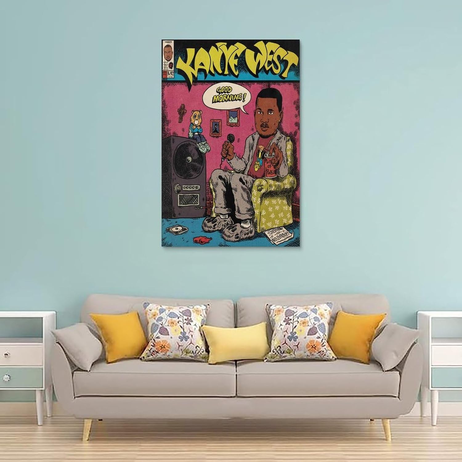 Kanye West – Póster artístico de cómics para dormitorio, lienzo estético, decoración de pared, 16 x 24 pulgadas (15.7 x 23.6 in)