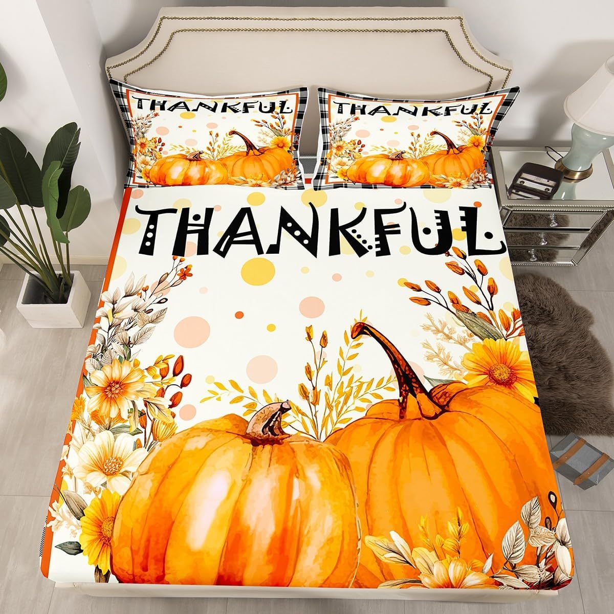 Sábana bajera ajustable de calabaza de otoño para niñas y niños, tamaño Queen, juego de ropa de cama de cosecha de otoño, juego de sábanas