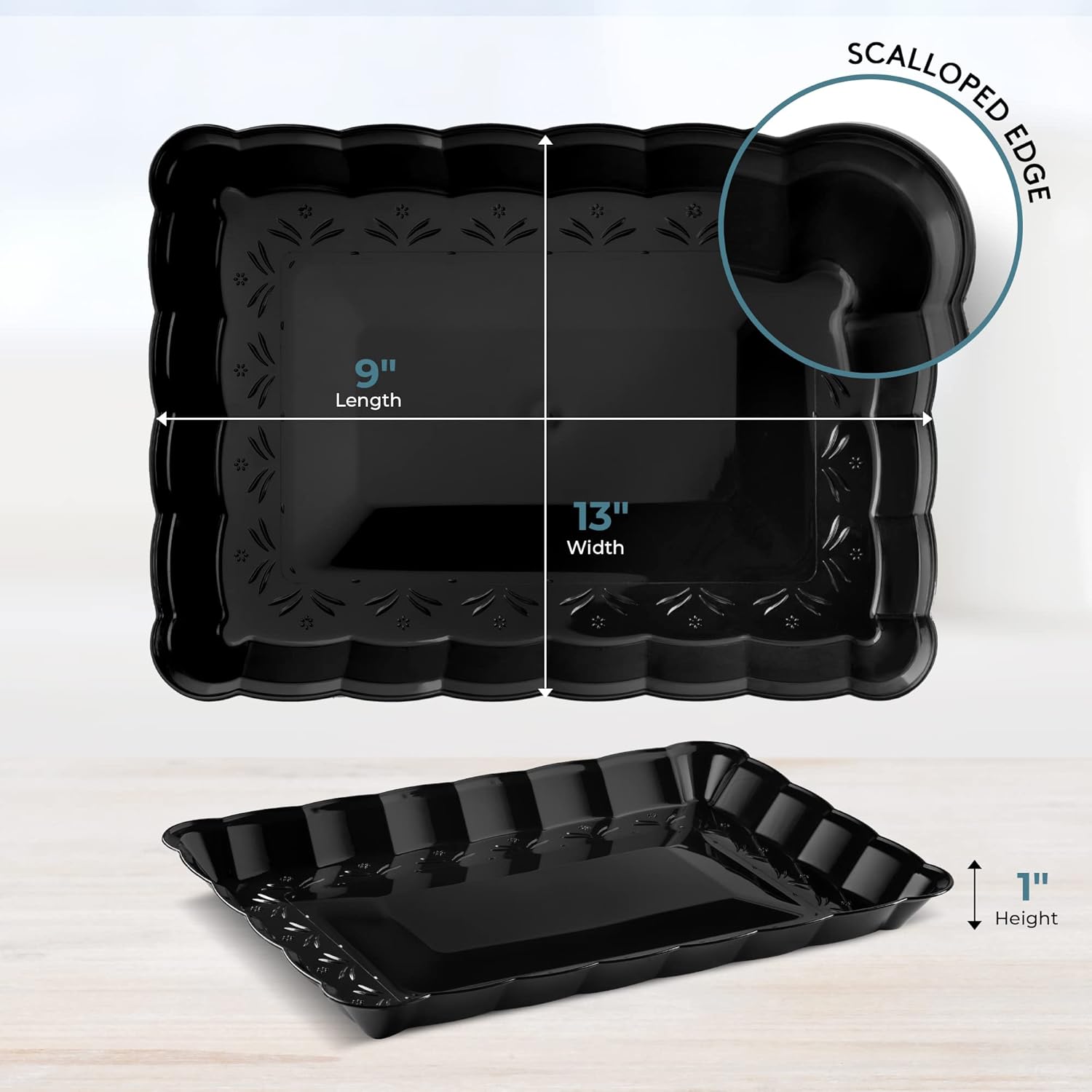 Bandejas de plástico para servir de 9 x 13 pulgadas, paquete de 4 bandejas de fiesta negras duraderas – Bandeja desechable para servir alimentos –