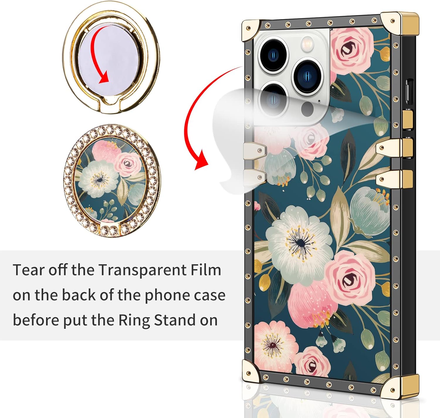 WOLLONY Funda cuadrada compatible con iPhone 15 Pro Max con anillo de soporte, para mujeres y niñas, TPU suave, a prueba de golpes, de silicona