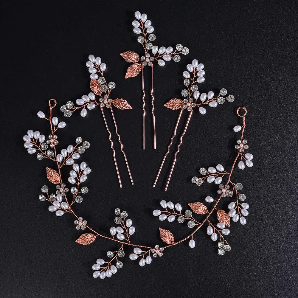 Jumwrit Juego de 3 horquillas para el cabello de novia y diadema de perlas con diamantes de imitación y 3 horquillas con flores brillantes,