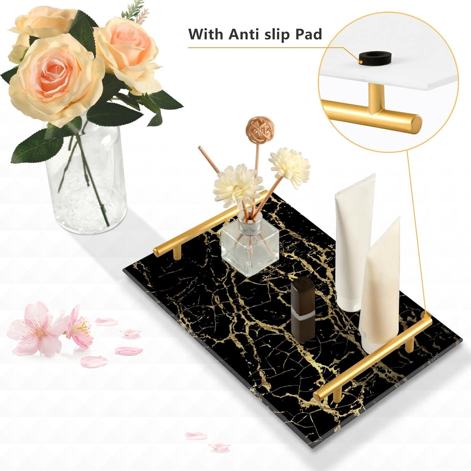 Bandeja de tocador de mármol negro dorado para mostrador de baño, bandeja rectangular de mármol, bandejas decorativas de cocina, bandejas de