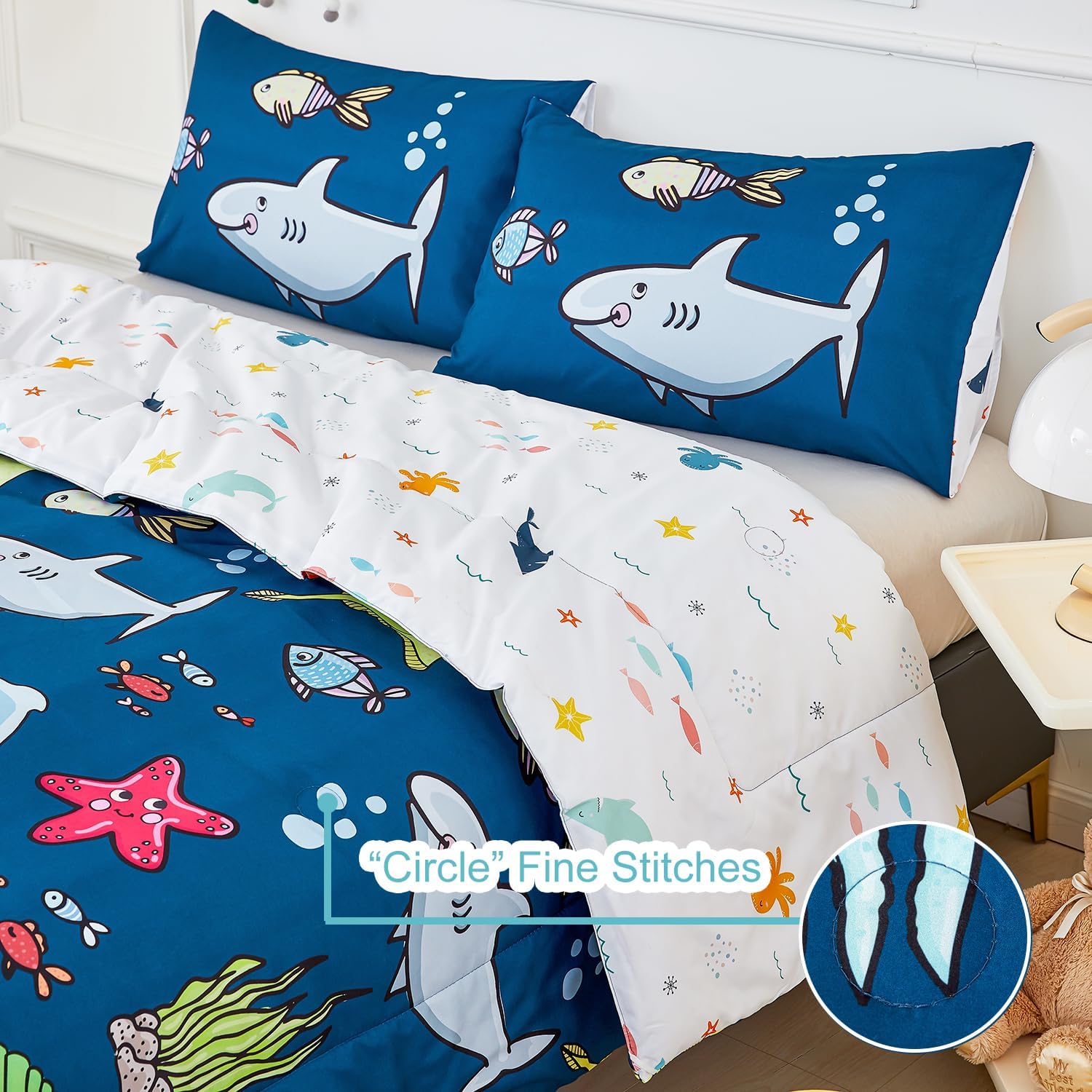 WINLIFE Juego de edredón matrimonial de 3 piezas para niños, edredón reversible súper suave para adolescentes, edredón estampado con tema oceánico,