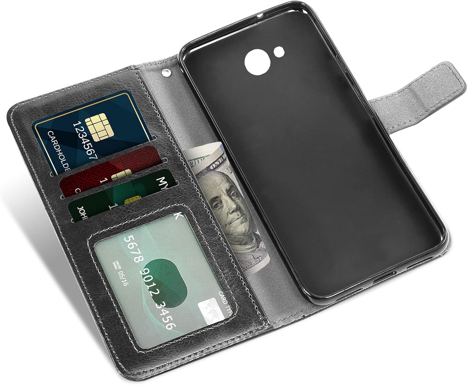 Asuwish Compatible con LG X ChargeFiesta 2 LTEX Power 2X5LV7 – Funda tipo cartera de vidrio templado, protector de pantalla de cuero, soporte para