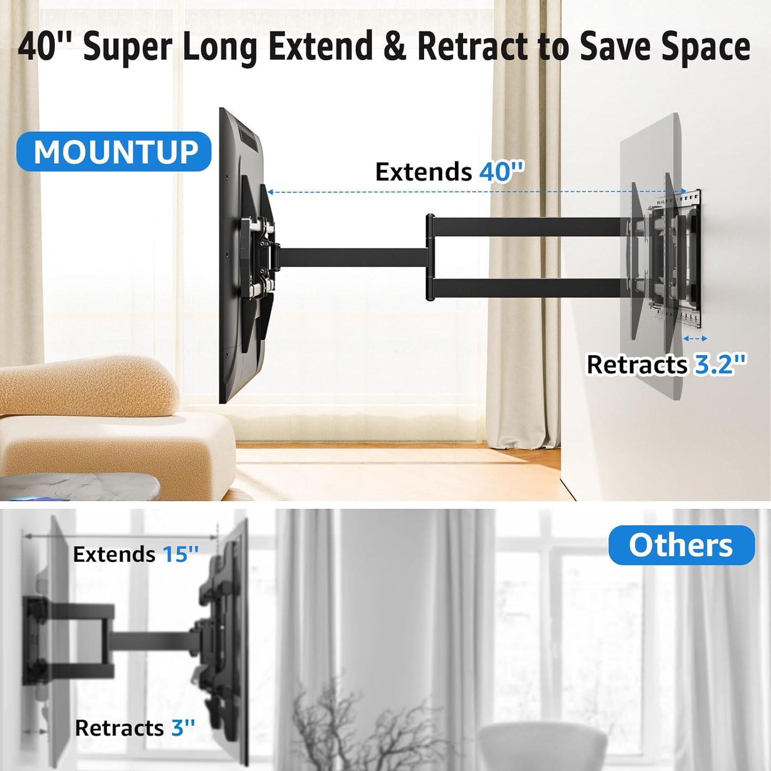 MOUNTUP MU0059 – Soporte de pared para TV de brazo largo con extensión de 40 pulgadas, soporte de movimiento completo para televisores de 42 a 90