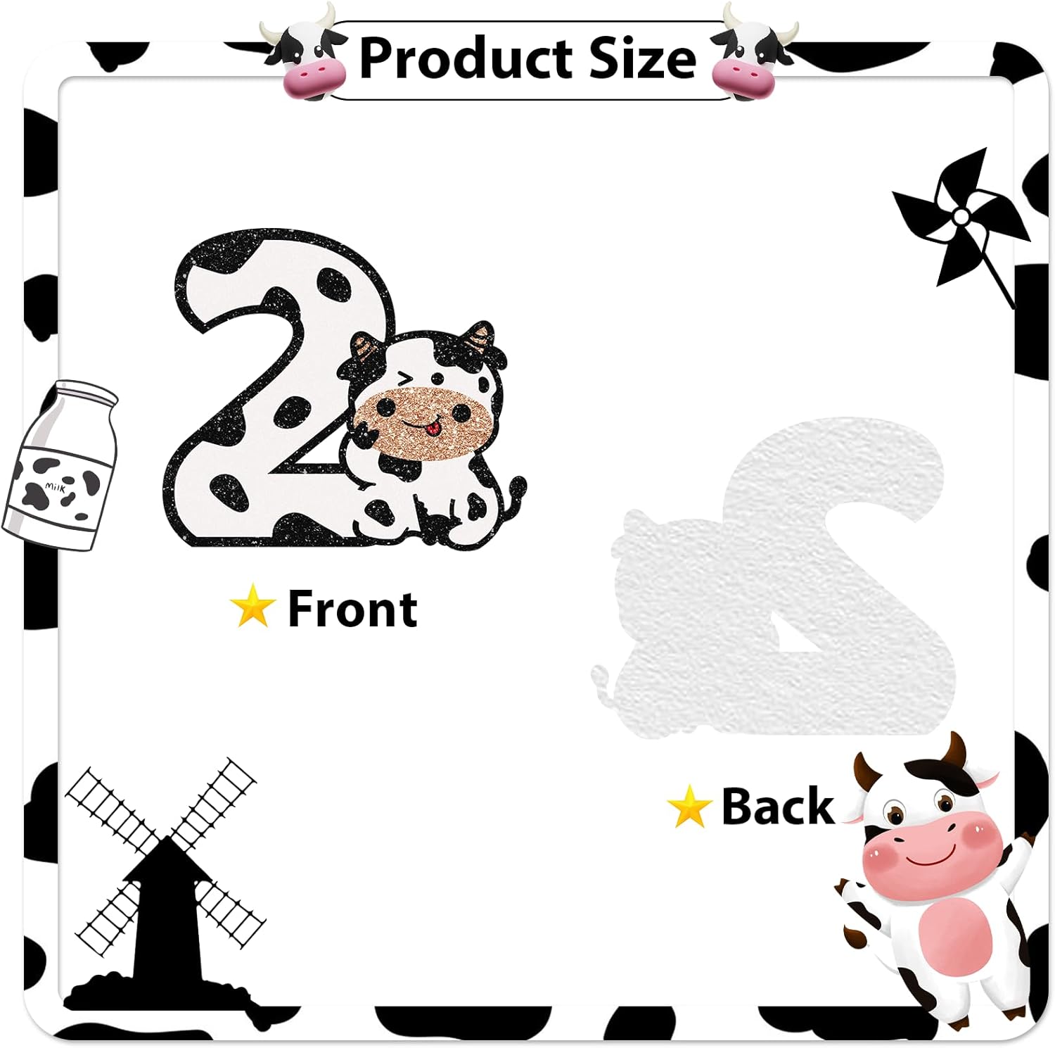 Decoración para pastel de 2 cumpleaños de vaca con purpurina blanca, decoración de pastel de vaca sagrada con texto en inglés “I’m Two” para niños y
