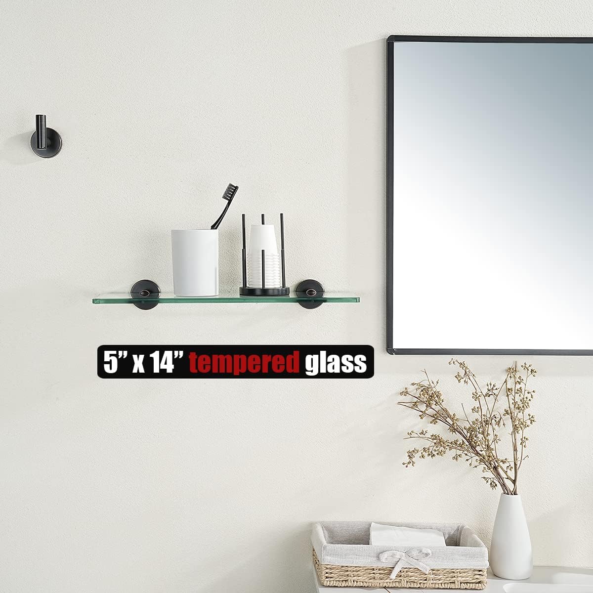 JQK TGS101L14-ORB – Estante de vidrio para baño de bronce aceitado, almacenamiento de ducha de vidrio templado de 14 x 5 pulgadas, montaje en pared