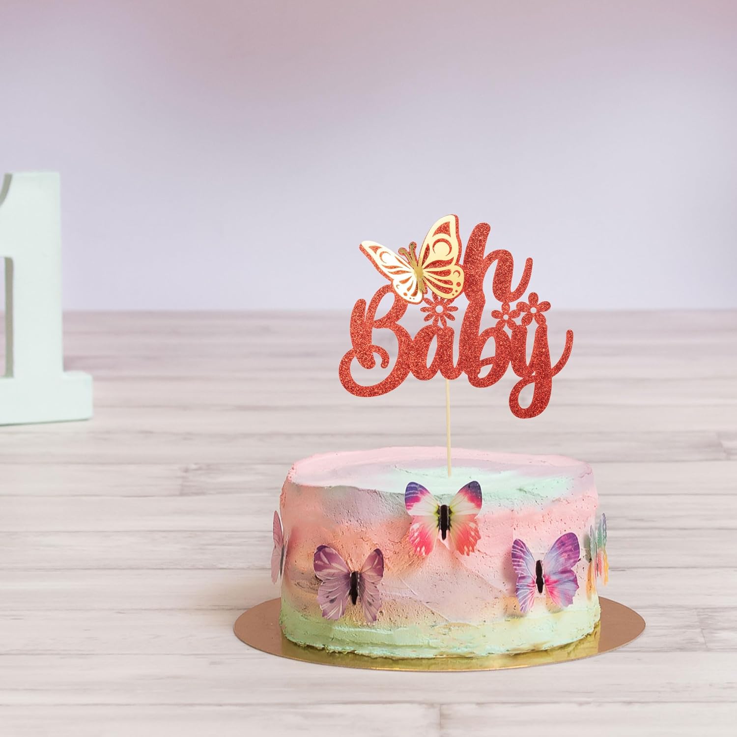 Gyufise 1 pieza de mariposa Oh Baby Cake Topper Glitter Baby Shower Butterfly Cake Pick para revelación de género Baby Shower Niños fiesta de