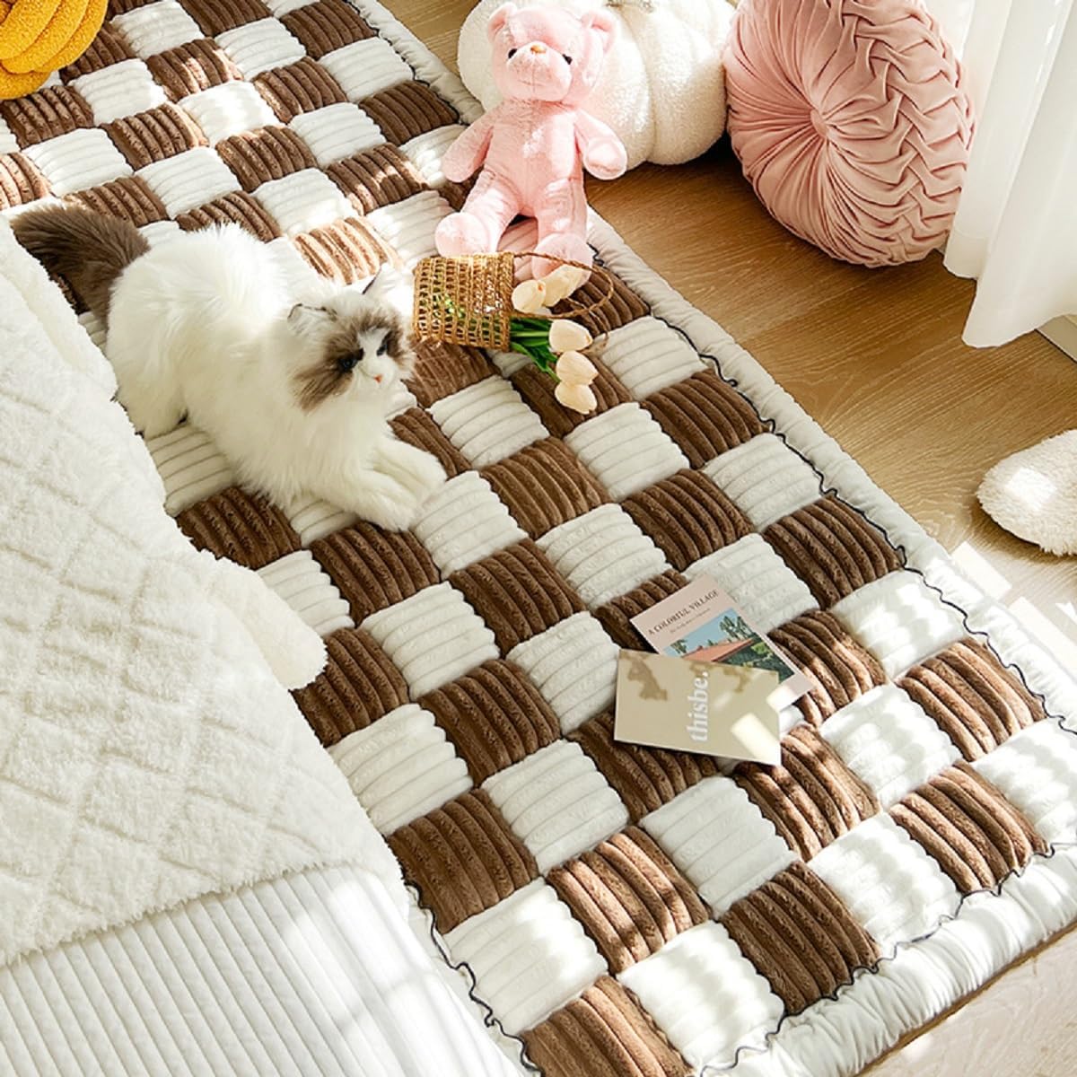 Divertida funda de sofá para mascotas, funda de sofá para mascotas, divertida funda cuadrada de color crema grande a cuadros para mascotas, funda de