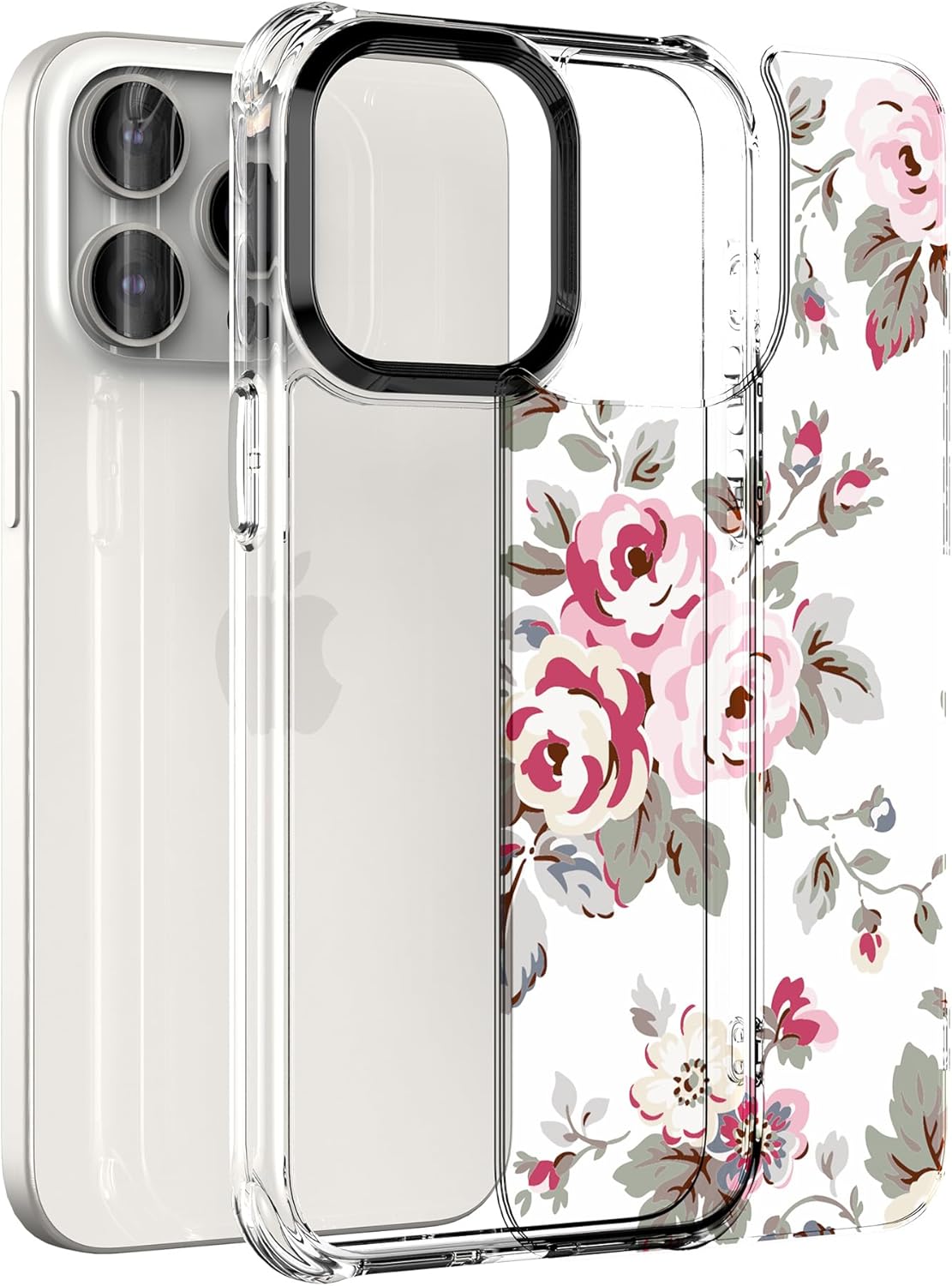 Feitenn Funda para iPhone 15 Pro Max, policarbonato transparente + TPU suave a prueba de golpes, diseño de flores Beatuy Design Case con protector