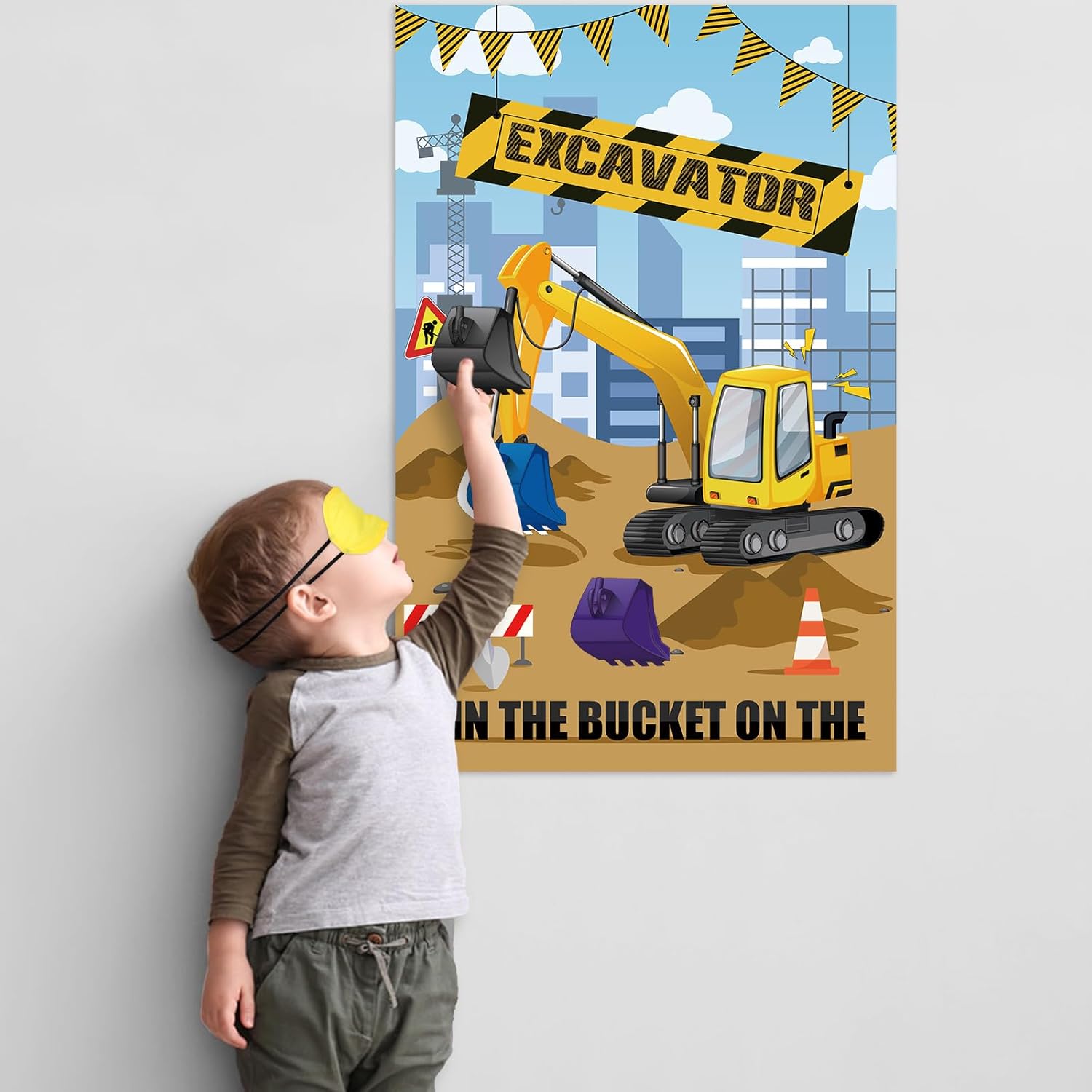 Hxezoc Pin The Bucket on The Excavator Game con 32 cubos grandes de construcción para juegos de fiesta para niños, fiesta de cumpleaños, suministros
