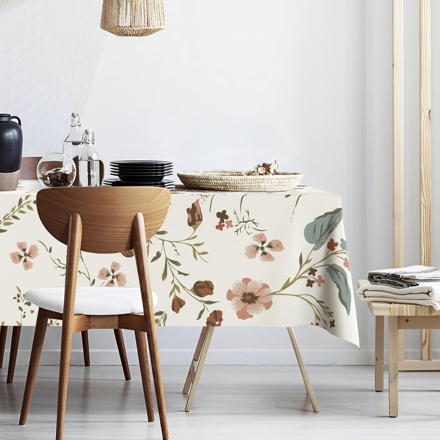 Spring Flowers Fabric Waterproof Tablecloth,Rectangle Watercolor Wrinkle Oil-Proof Resistant Table Cover for Dining Table,Modern Minimalist White