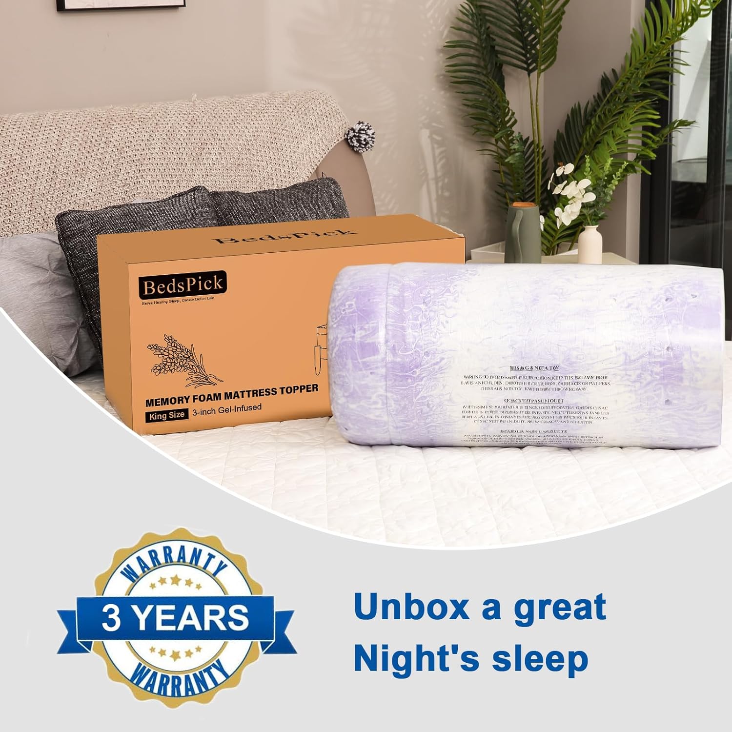 BedsPick Cubrecolchón de espuma viscoelástica Queen de 2 pulgadas, con infusión de gel, cubrecolchón de espuma suave para aliviar la presión