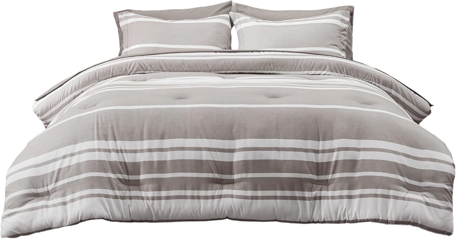 Bedsure Bed in a Bag King – Juego de edredón de 7 piezas, color blanco topo cálido a rayas, juego de cama para todas las estaciones, 2 fundas de