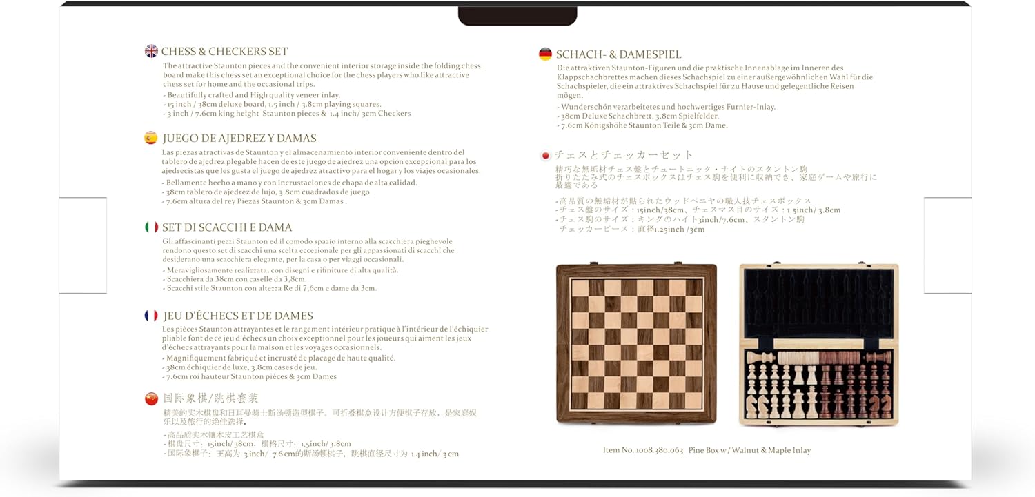 A&A Juego de ajedrez y damas plegables de madera de 15 pulgadas con piezas de ajedrez Staunton de altura King de 3 pulgadas, 2 reinas adicionales,