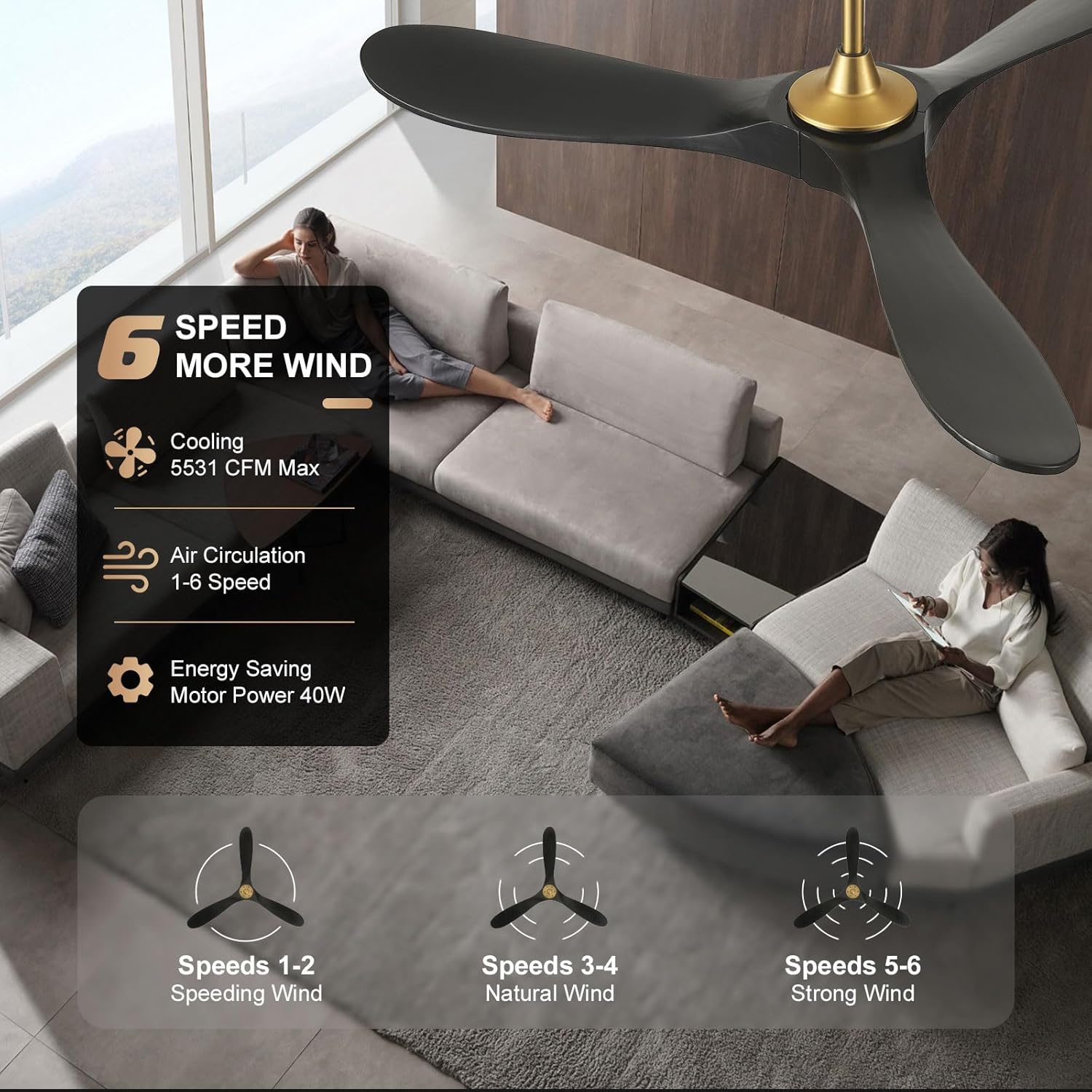 YZEENM 52 Inch Black and Gold Ceiling Fan with Wall Control Switch and Remote Control, Modern Outdoor Ceiling Fans No Lights, 3 Blade Wood Propeller