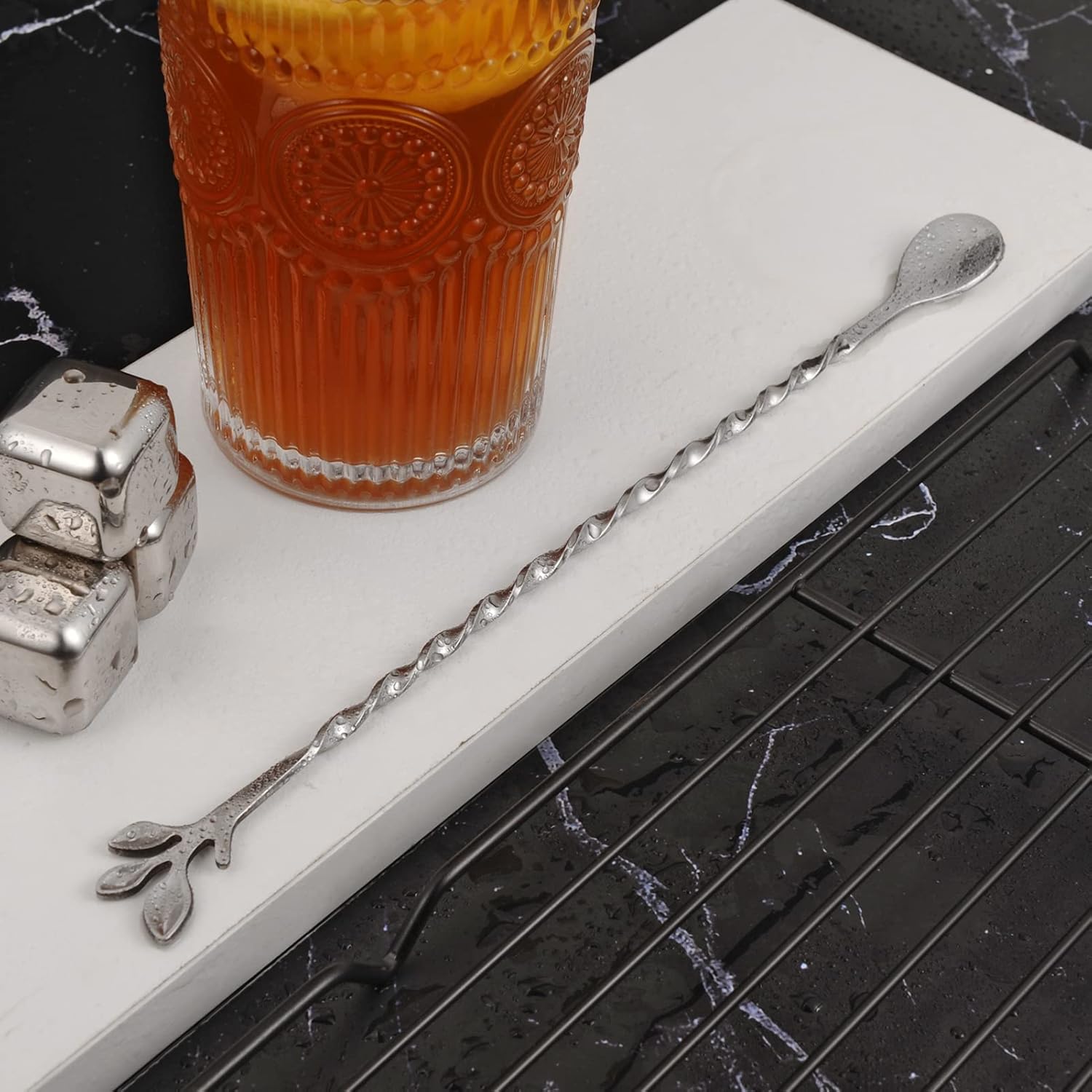AnSaw Cuchara de barra de mango de hoja de 10 pulgadas, 3 agitadores de mezcla de cóctel de mango largo, acero inoxidable, plata