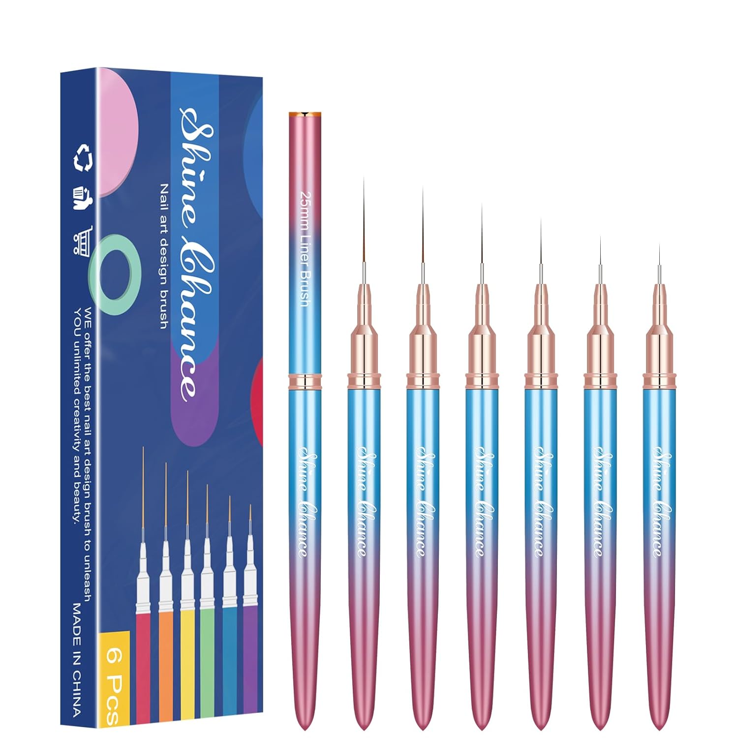 Shince Chance – Juego de pinceles para arte de uñas, 6 pinceles de diseño de uñas para esmalte de gel, dibujo fino, pequeños detalles, pintura de