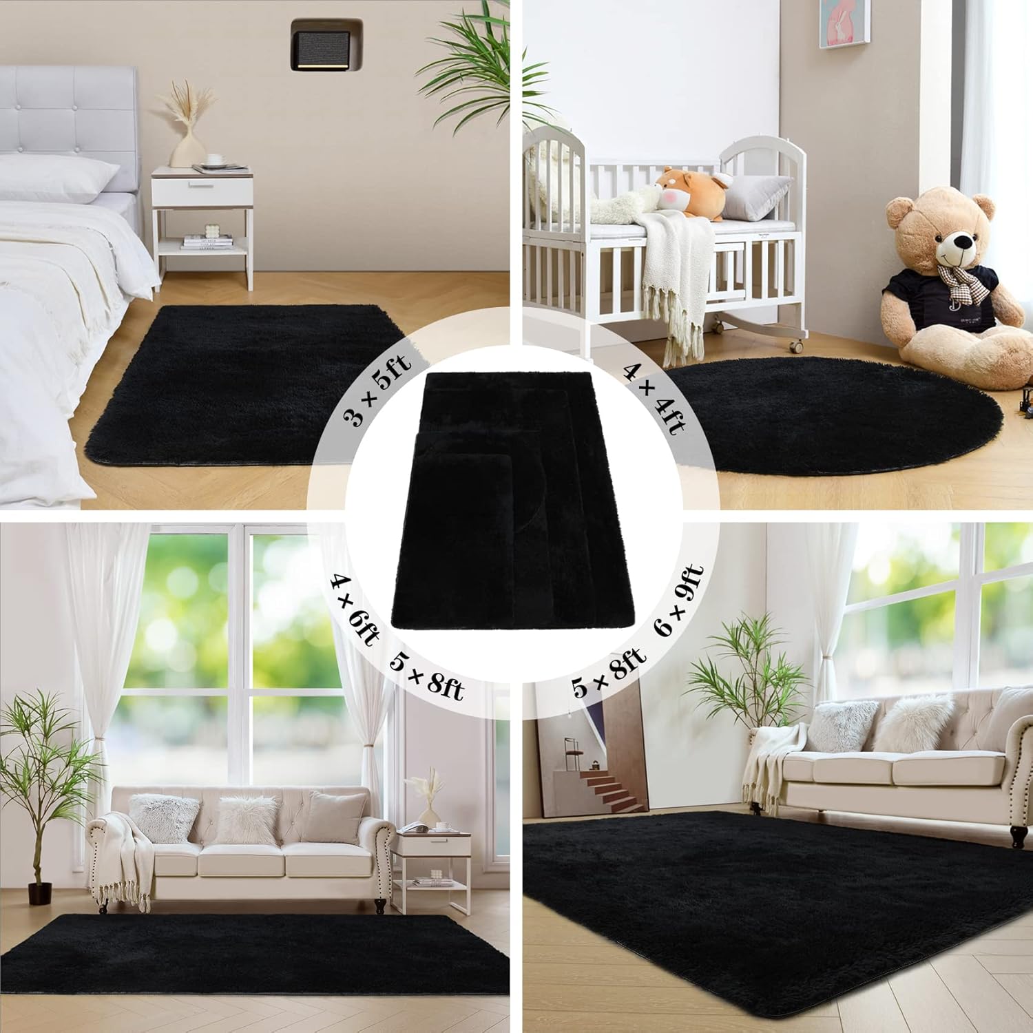 duduta Alfombra rectangular negra suave y esponjosa de 3 x 5 pies, alfombra de felpa peluda para dormitorio, guardería, sala de estar, decoración