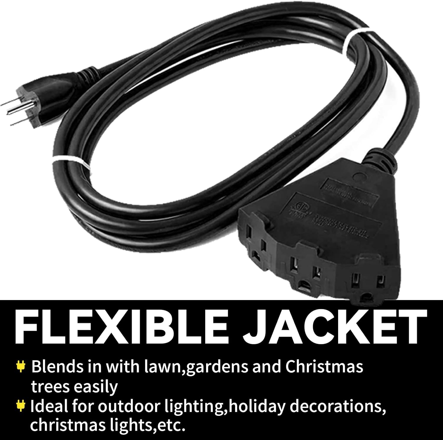 EP Cable de extensión para exteriores de 25 pies con 3 tomas de corriente eléctrica, cable negro SJTW de 163 con enchufe a tierra de 3 clavijas para