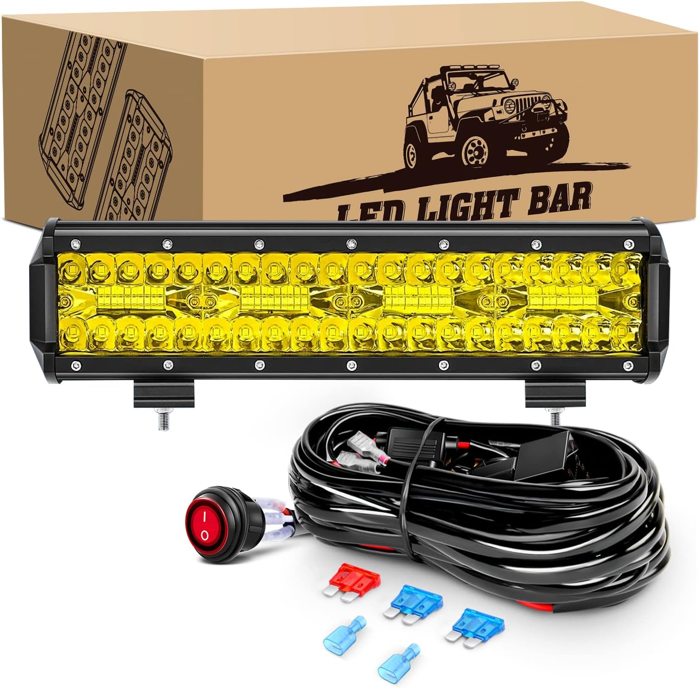 GOOACC Barra de luz LED ámbar de triple fila de 12 pulgadas, 240 W, 30000 lúmenes, combo de luz de trabajo todoterreno con arnés de cableado para