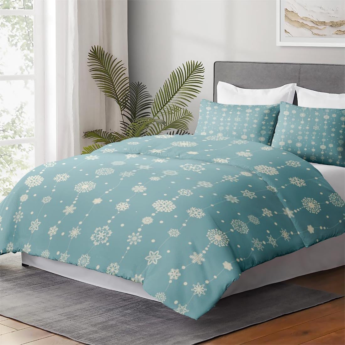 Juego de funda de edredón, copos de nieve de Navidad, juego de ropa de cama azul retro para niños y adultos, decoración de dormitorio, juego de