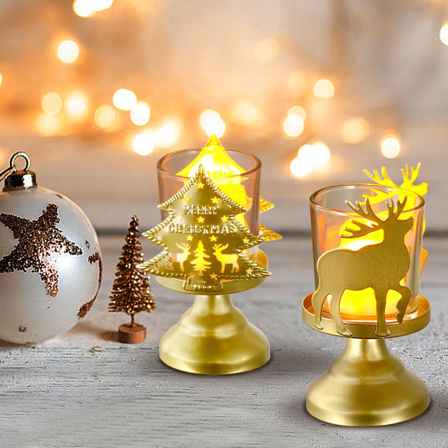 Portavelas de Navidad, decoración de mesa rústica pequeña con elegante diseño de reno dorado, juego de 3 portavelas de pilar mental, centros de mesa