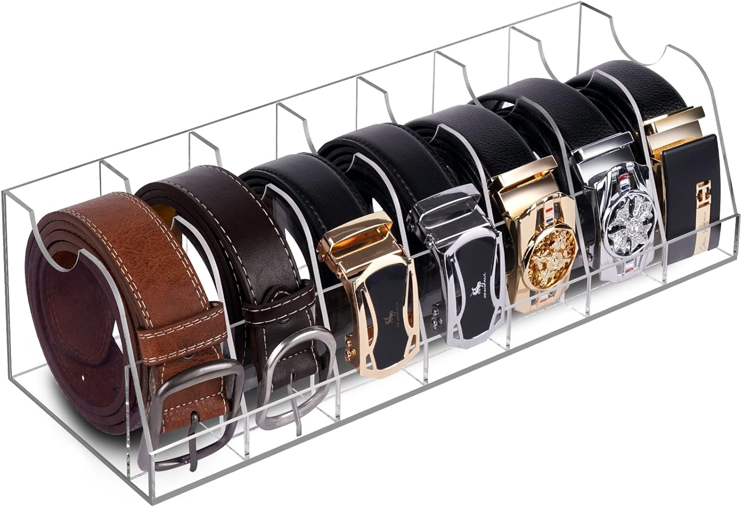 Organizador de almacenamiento de cinturón de acrílico, 7 compartimentos, caja transparente universal, ideal para el hogar, armario y tienda de ropa